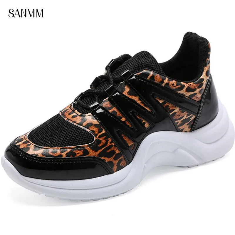 

SANMM Women Lace-Up Platform Sneakers Ladies Spring Autumn Leopard Casual Shoes Non-Slip Mesh Walking Shoes Woman AZ128