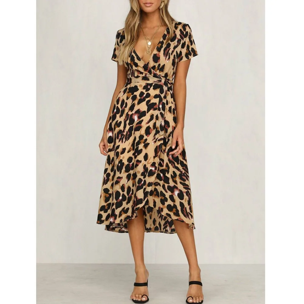 

Women Dresses Wild Leopard Print Summer Dress Short Sleeve V-neck Ladies Vestidos Ruffle Long Maxi Dress