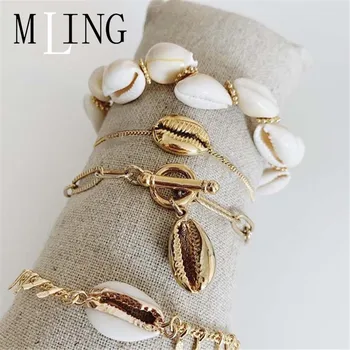 

MLING Vintage Adjustable Link Chain Bracelet Gold Bohemian Sea Shell Bracelet Set For Women