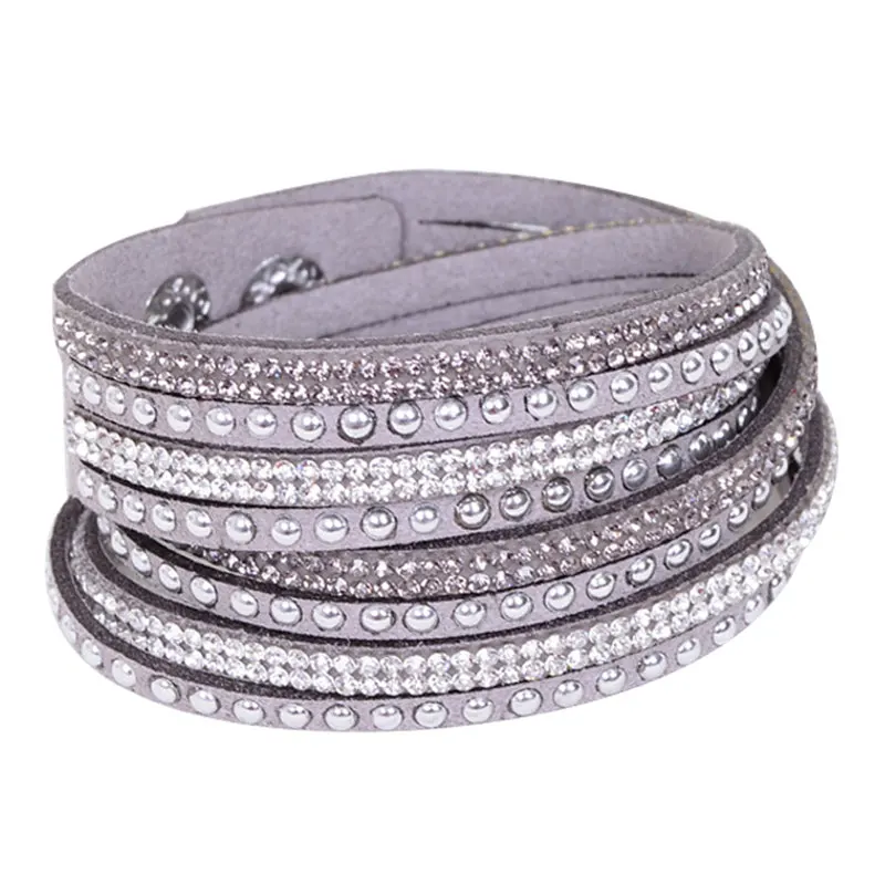 

Factory Price Handmade Leather Bracelets for Women Full Rhinestone 2 Circles Bright Bracelet 40cm*2cm 17 colors AJ138G-AJ154G