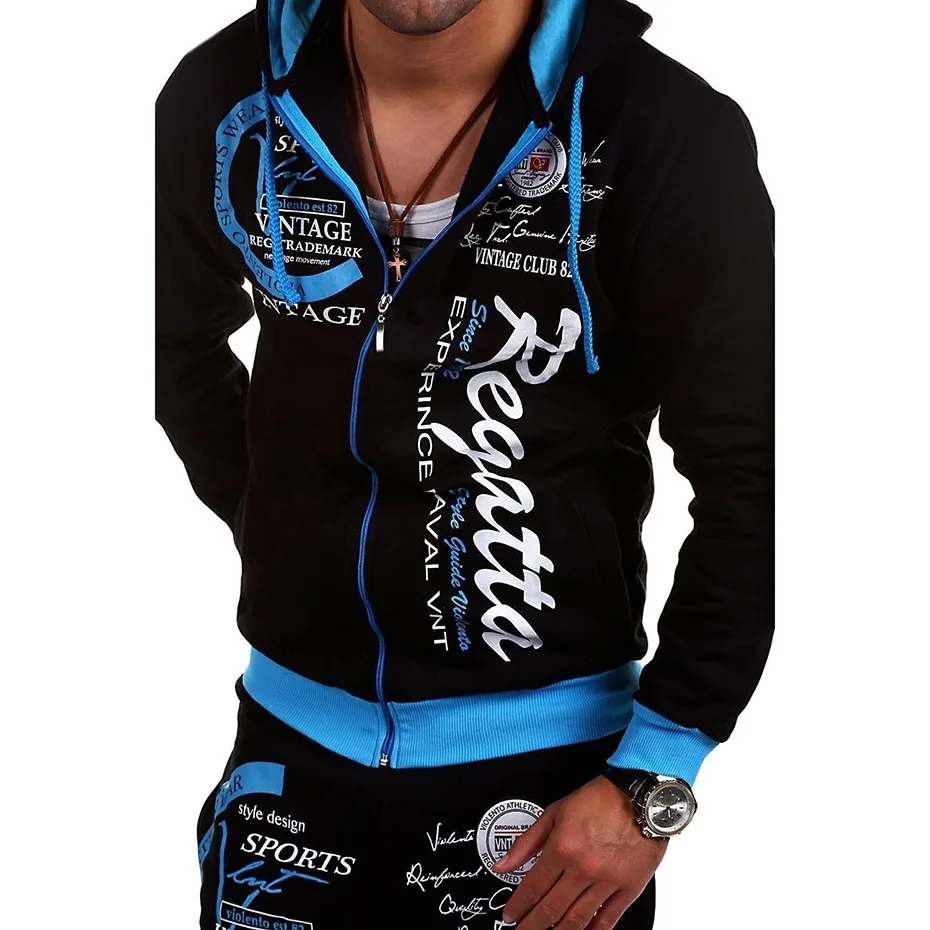 Zogaa 2019 New Men's Casual Print Hooded Zipper Drawstring Elastic Set Two-piece Fitness Loose Sports Suit