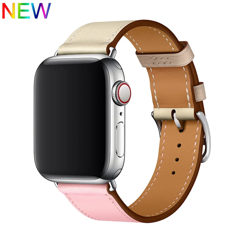 Хохлатая один тур кожаный ремешок для наручных часов Apple Watch, версии 5 4 44 мм 40 мм браслет наручных часов iwatch серии 3/2/1, 42 мм, 38 мм, версия кабели зарядных устройств с поясом - Цвет ремешка: Sakura Craie Argile