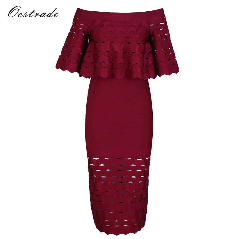 

Ocstrade Wine Round Neck 3/4 Sleeve Over Knee Off the Shoulder Rayon High Quality Bandage Dress HJ490-Wine