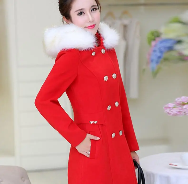 Новые зимние женские шерстяные пальто средней длины с капюшоном - Цвет: Красный