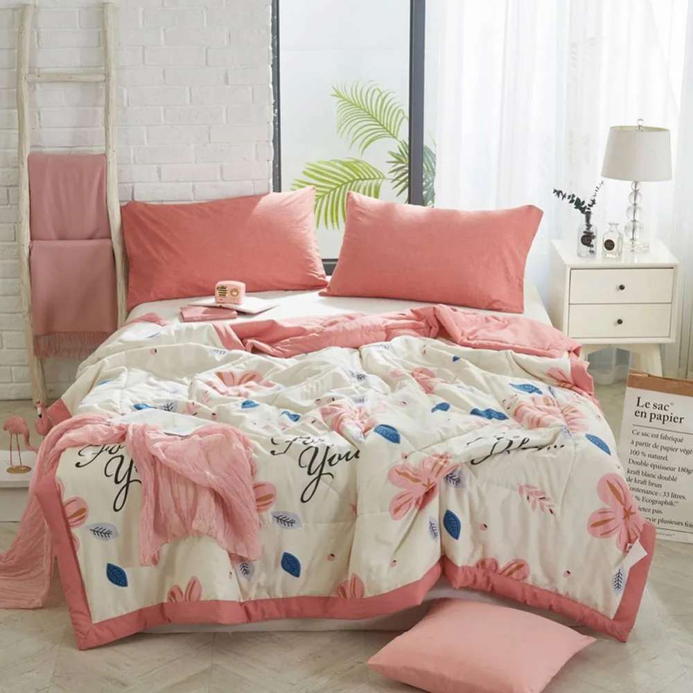 2019 Pink Flowers Beige Stitching Comforter Thin Summer Quilt Air