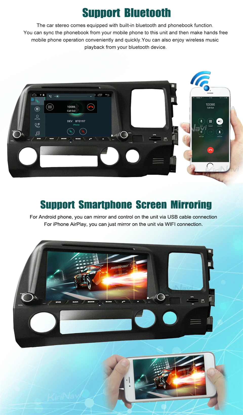 Excellent KiriNavi Octa core 4G LET android 7 car multimidia radio for honda civic car audio gps 2006 - 2011 dvd support 4K Video 4G 5