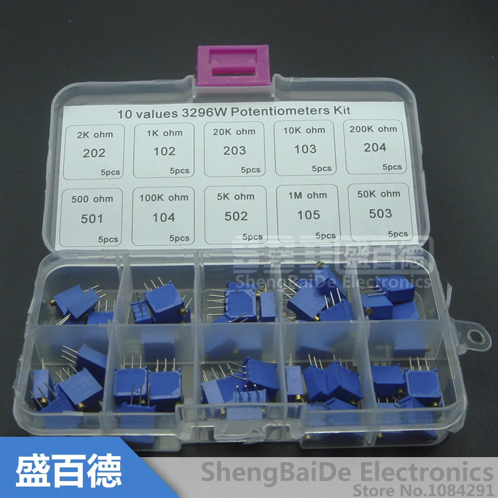 50Pcs/set 10 Values 3296W Multiturn Variable Resistor Trimmer Potentiometer Kit