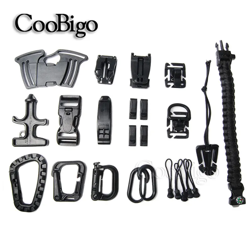 

10pcs Assorted Tactical Backpack Buckles Grimloc Web Dominator Carabiner Webbing Pipe Clips Outdoor Travel Paracord Bracelet