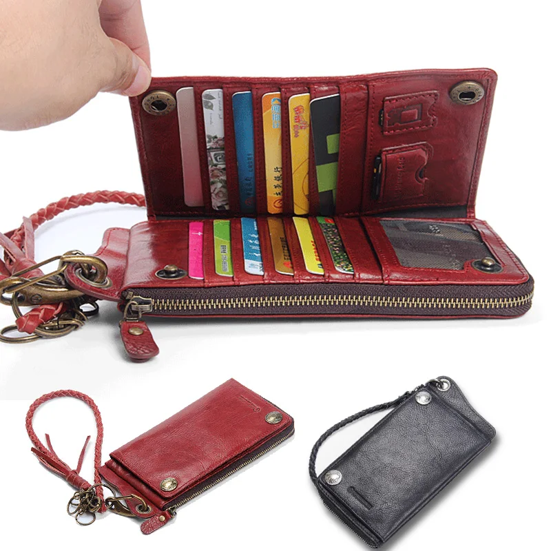 

Handmade Retro Men's Wallet Long Zipper Buckle Walet Multi-function Mobile Phone Genuine Cow Leather Chain Purse Handbag For Men
