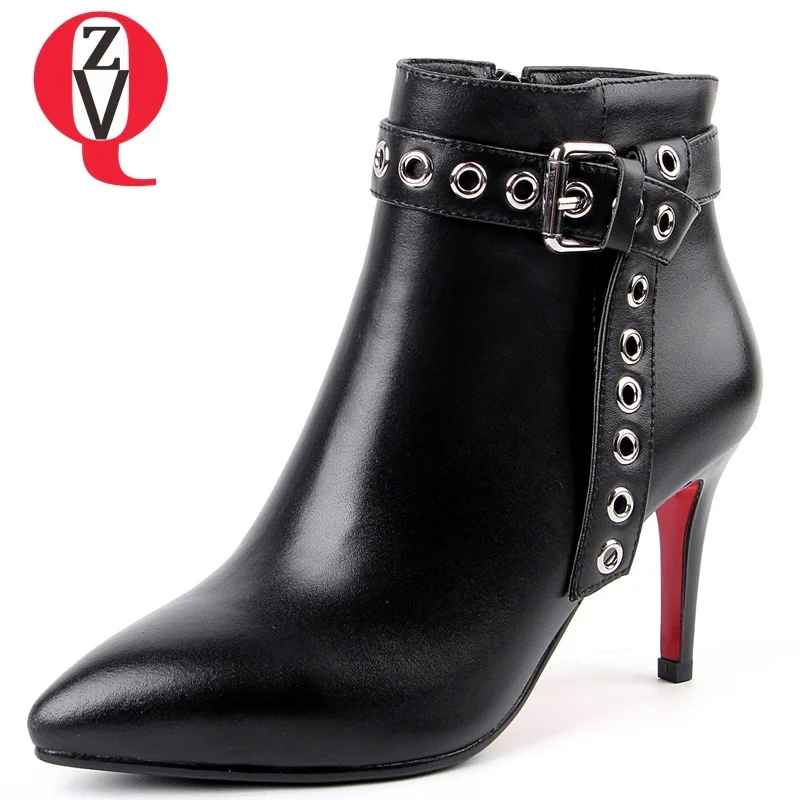 

ZVQ 2018 new fashion sexy super high thin heels pointed toe zip buckle genuine leather women shoes winter outside office booties