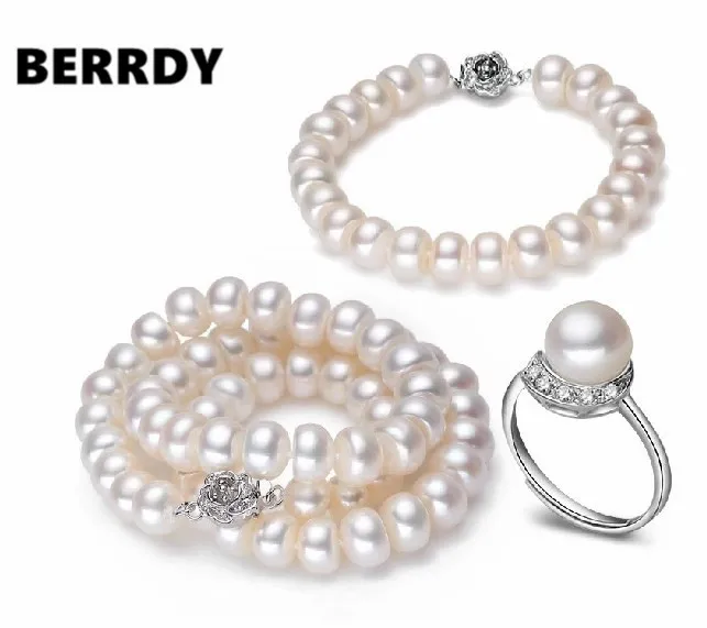 REAL PEARL Freshwater Pearl Jewelry Set Fashion Necklace Bracelet Ring