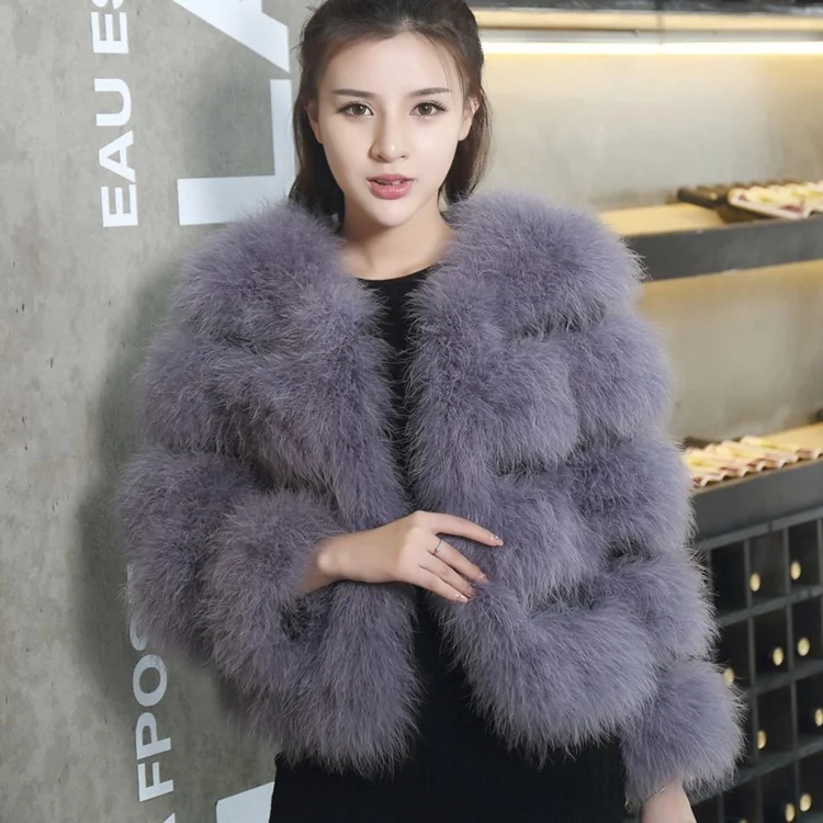 

natural turkey fur jacket Luxury Real Ostrich short jacket v collar long sleeve fashion spring autumn female warm outwear cloths