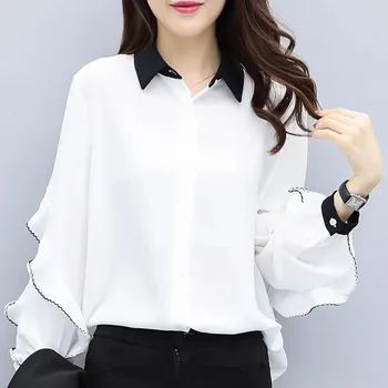 

XXL-5XL Plus Size Women Spring Summer Style Chiffon Blouses Casual Turn-down Collar Shirts White Blouses Tops Feminine DF2422
