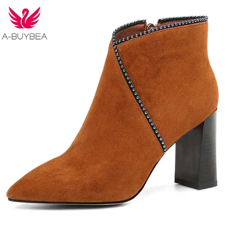 

Women Genuine Leather Suede Chunky High Heels Pointed Toe Ankle Boots Ladies Zipper Short Ankle Booties Shoes Female Footwear