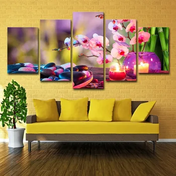 

HD Prints Pictures Room Wall Art Framework 5 Pieces Purple Moth Orchid Candle Paintings Home Decor Canvas Flowers Stones Poster