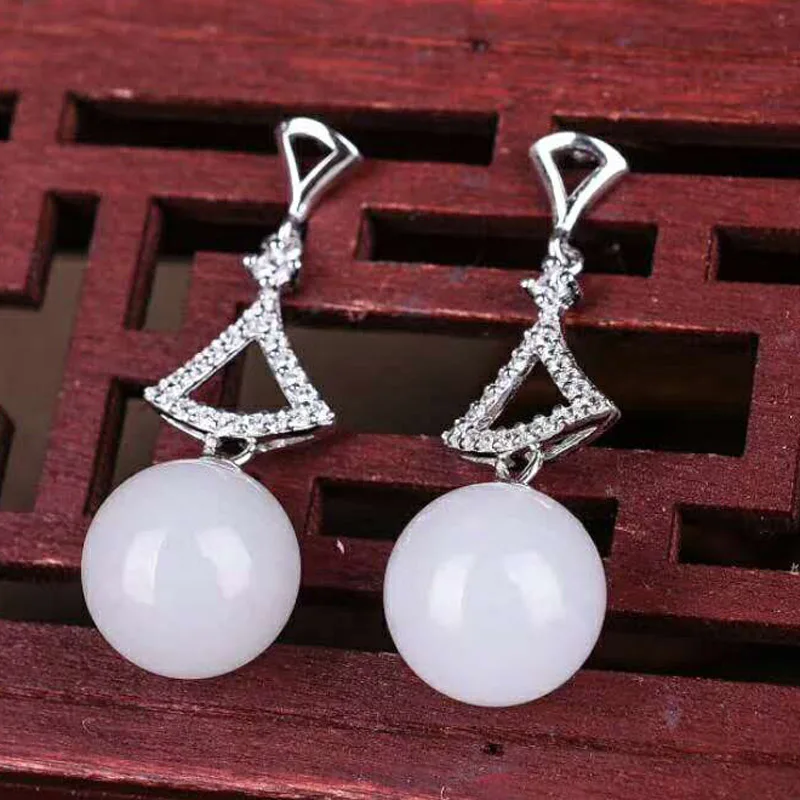 

Real 925 Sterling Silver Jade Drop Earrings Ear Pin Drop Shipping Natural Round Stone Handmade For Women Wedding Earrings