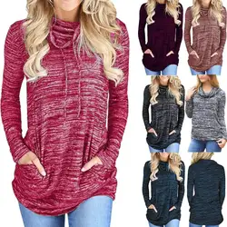 Женские осенние большие размеры рубашка с длинными рукавами красочные полосы шнурок клобук шеи Водолазка Свободный пуловер Топы