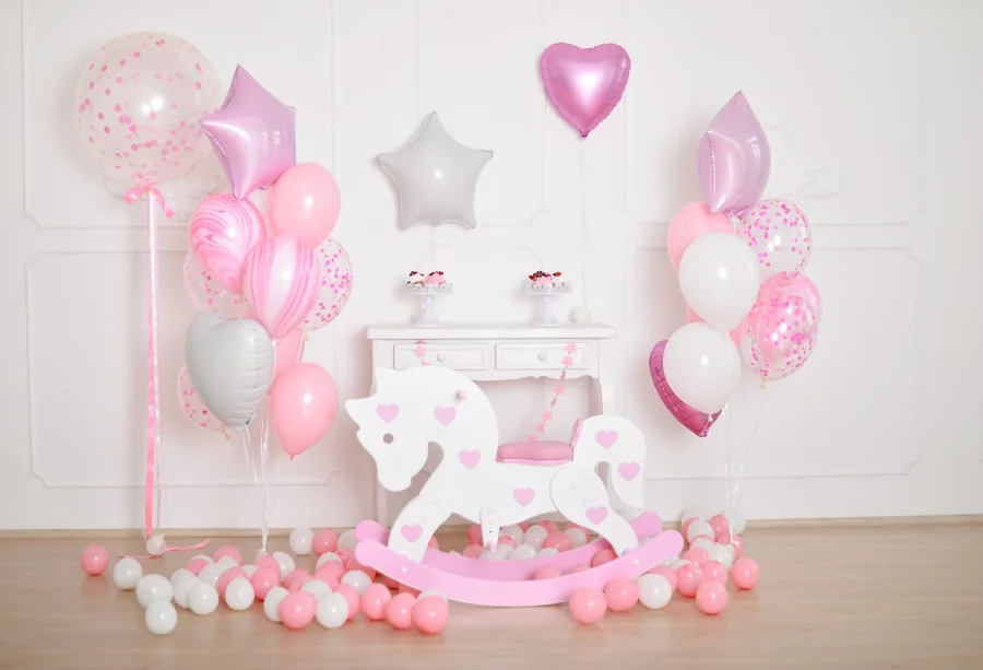 Laeacco розовые воздушные шары Детские 1-й день рождения торт цветок серый деревянный пол детский портрет фото фон для фото фонов - Цвет: NBK16566