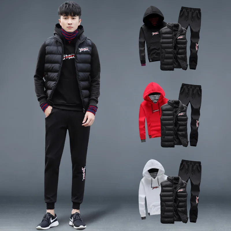 

2018 New Sport Suit Men 3 Pieces Sportswear Vest Hoodie Pants For Man Fitness Wear Brand Sports Clothes Running Set Winter Warm