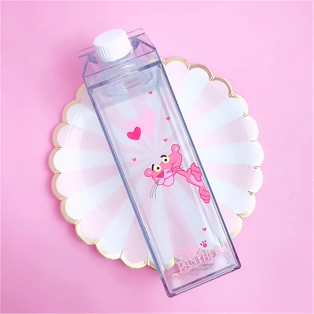 

Unique Cartoon Pink Panther 500ml Cute Water Storage Bottles Milk Box Shape Transparent Plastic Storage Beer Drink Bottle