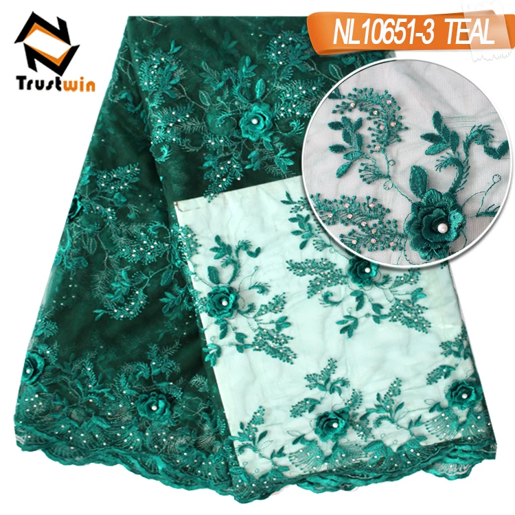 

tulle lace fabric 3d flower embroidery french net lace teal color with rhinstones high quality dentelle tissu