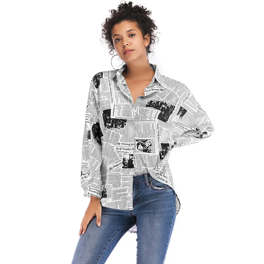 

Newspaper Turn-down Printed Blouse Women Casual Turn-down Collar Long Sleeves Loose Shirts Streetwear Ladies Fashion Wild Shirts