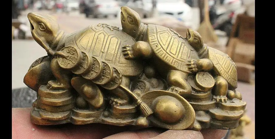 

671115801*++China Fengshui Brass Yuanbao Money 3 tortoise Turtle Longevity Statue Figurine