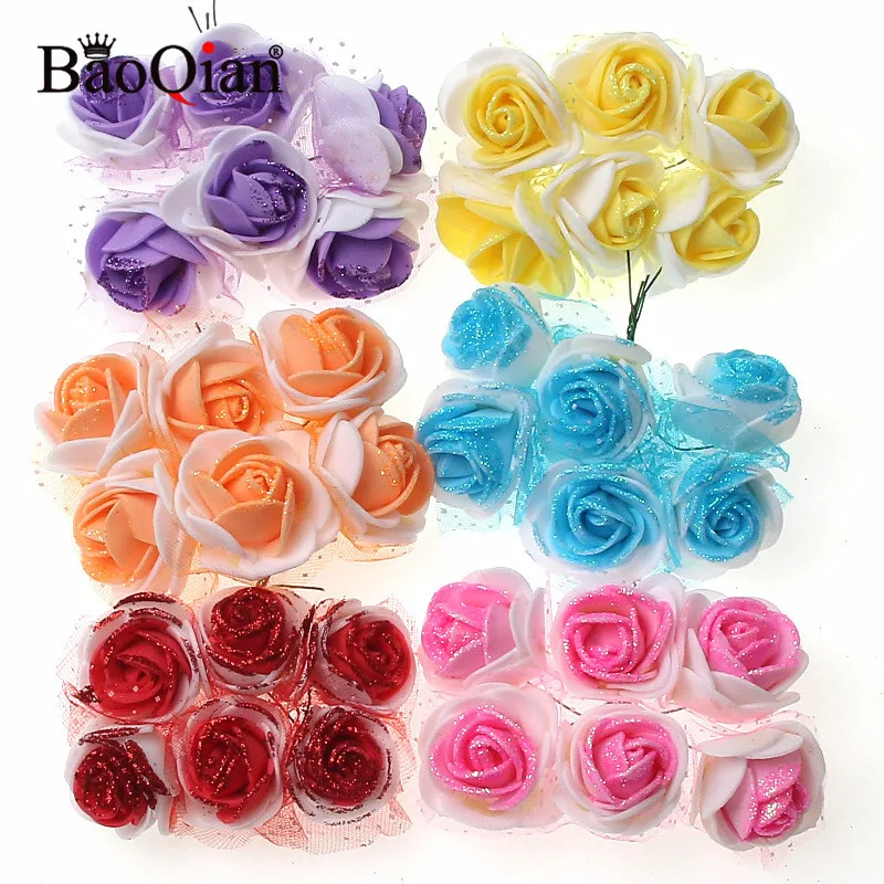 

6Pcs Mini PE Sequin Powder Foam Artificial Rose Silk Flower Heads DIY Bouquet Wreath Flowers for Wedding Home Decoration