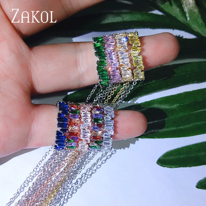 

ZAKOL Multicolor Thin Baguette T Handmade Rainbow Trapezoid Zirconia Stone Necklace Pendant For Women Fashion Wedding Jewelry