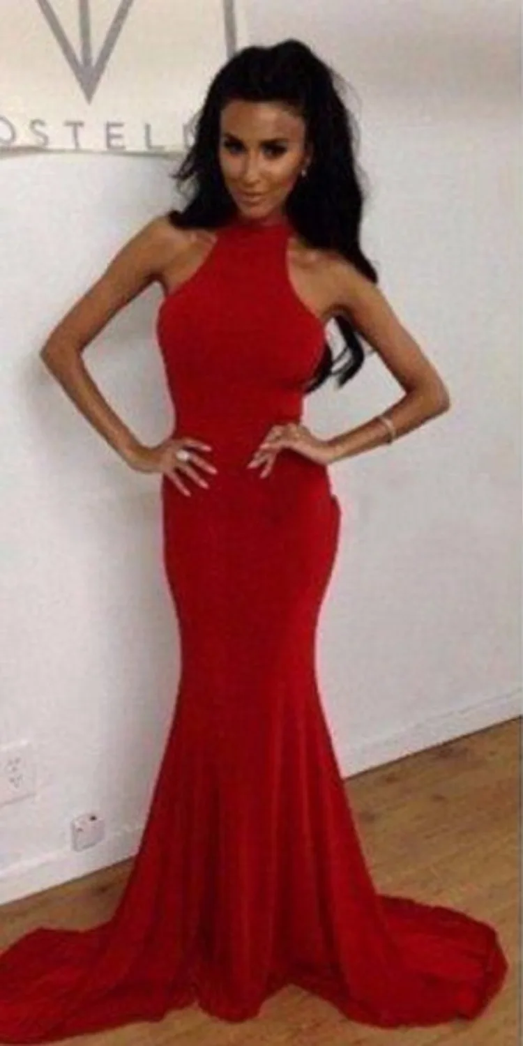 Elegant Mermaid Prom Gwon High Neck Backless Sexy Red Long Prom Dresses 