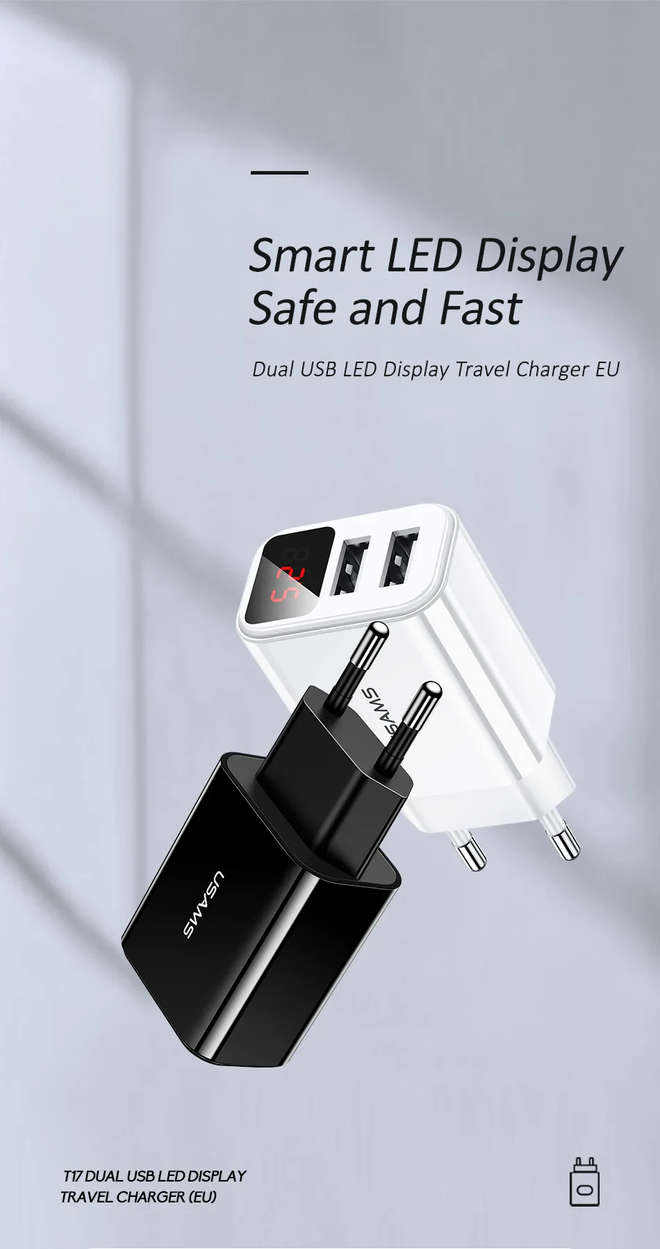 USAMS 2 USB ЕС светодиодный дисплей USB зарядное устройство для iPhone samsung Xiaomi 2.1A Быстрая зарядка настенное зарядное устройство с двумя портами зарядное устройство для мобильного телефона