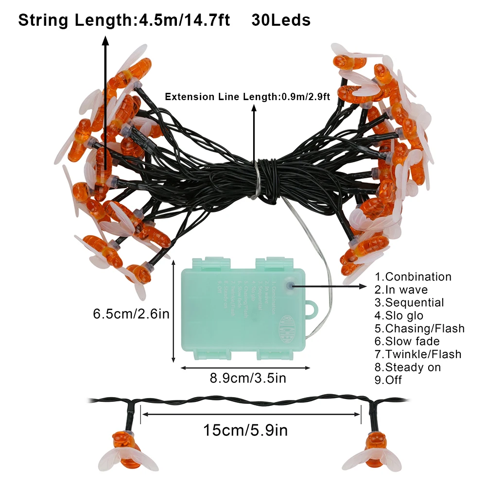 Bee String Lights 4.5M /30 Led Outdoor 3AA Battery Strings Waterproof Remote Garden Patio Fence Gazebo Summer Night Light Deco Bee String Lights 4.5M /30 Led Outdoor 3AA Battery Strings Waterproof Remote Garden Patio Fence Gazebo Summer Night Light Deco