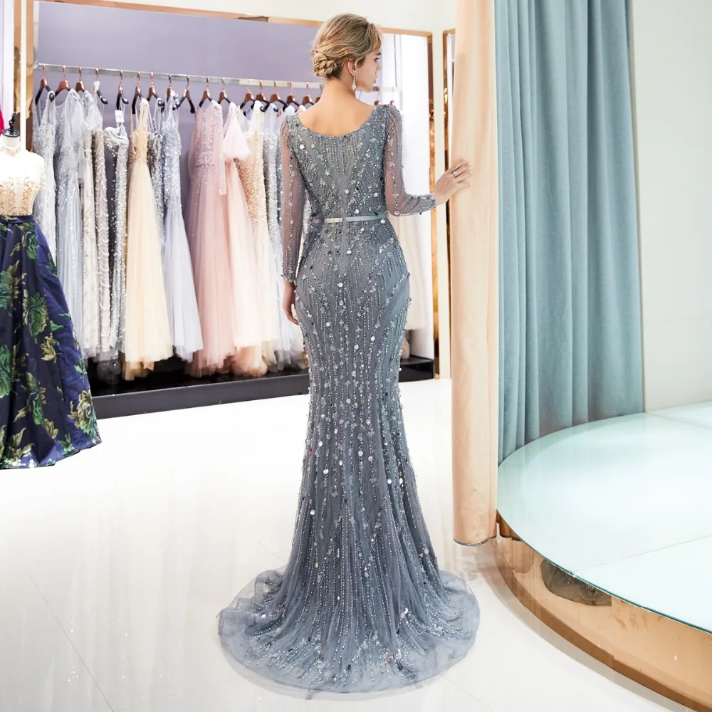 Walk Beside You Gray Long Evening Dresses Mermaid Long Sleeves Beaded Sequined Bling Shiny Prom Gowns Vestidos Formales Para