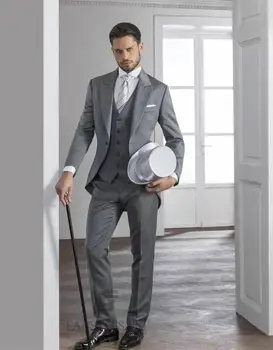 Najtaniej New Arrival Groom Smokingi Szary Groomsmen Szczyt Lapel ślub/obiad Najlepiej Pasuje Man Oblubieniec (kurtka + Spodnie + Krawat + Kamizelka) B536
