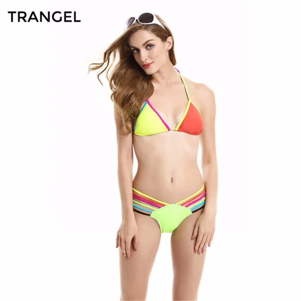 2016 women Bright Neon Bikini Block Color Halter swimsuit beachwear Swimwear Bikini set Top and Bottom