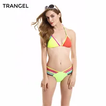 2016 women Bright Neon Bikini Block Color Halter swimsuit beachwear Swimwear Bikini set Top and Bottom