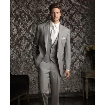 

Terno Real New Hot Classic Tailored Grey Groom Tuxedos Best Man Wedding Groomsman Suit Three Pieces Morning Formal Suits F66