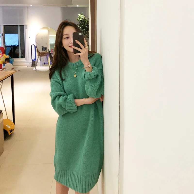 

Korean Women Winter Green Sweater Wool Knitted Dress Pullover Vestidos Plus Size Pull Robe Femme Casual Streetwear Sukienki