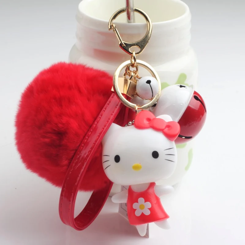 hello kitty fur keychain cute cartoon pompom cat with bell key chain