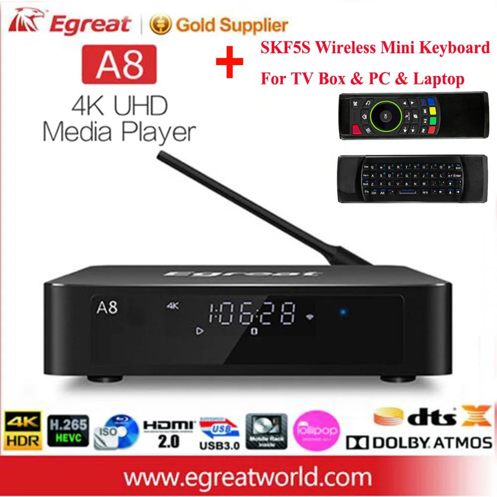 Egreat A8 Pro UHD медиаплеер 2 ГБ 8 ГБ 3D 4 к Bluetooth Android Smart tv Box Поддержка HDD SATA USB3.0 Dolby Ture-HD DTS-HD DTS: X - Цвет: A8 N SF5S English KB