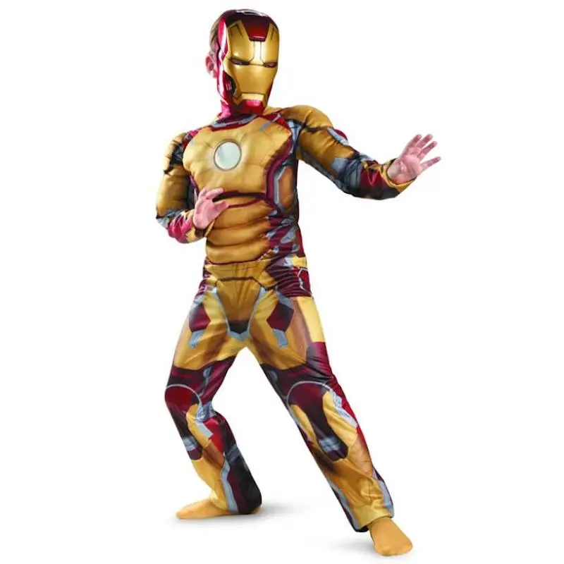 Iron Man Avengers Halloween Costume for Kids gold Muscle Jumpsuits Mask