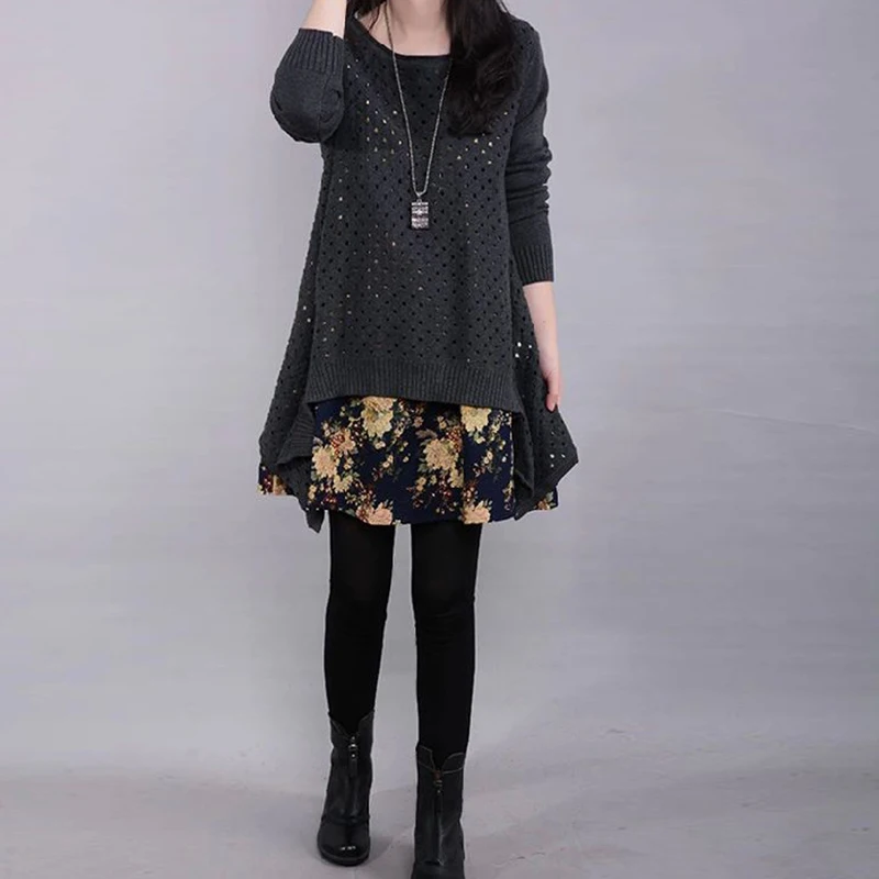Autumn Winter Women's Long sleeve Knitted Floral Dress Loose Casual Party Dress