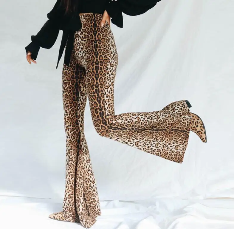 Высокая талия леопардовый принт расклешенные леггинсы осень зима женские модные сексуальные облегающие брюки Клубные штаны