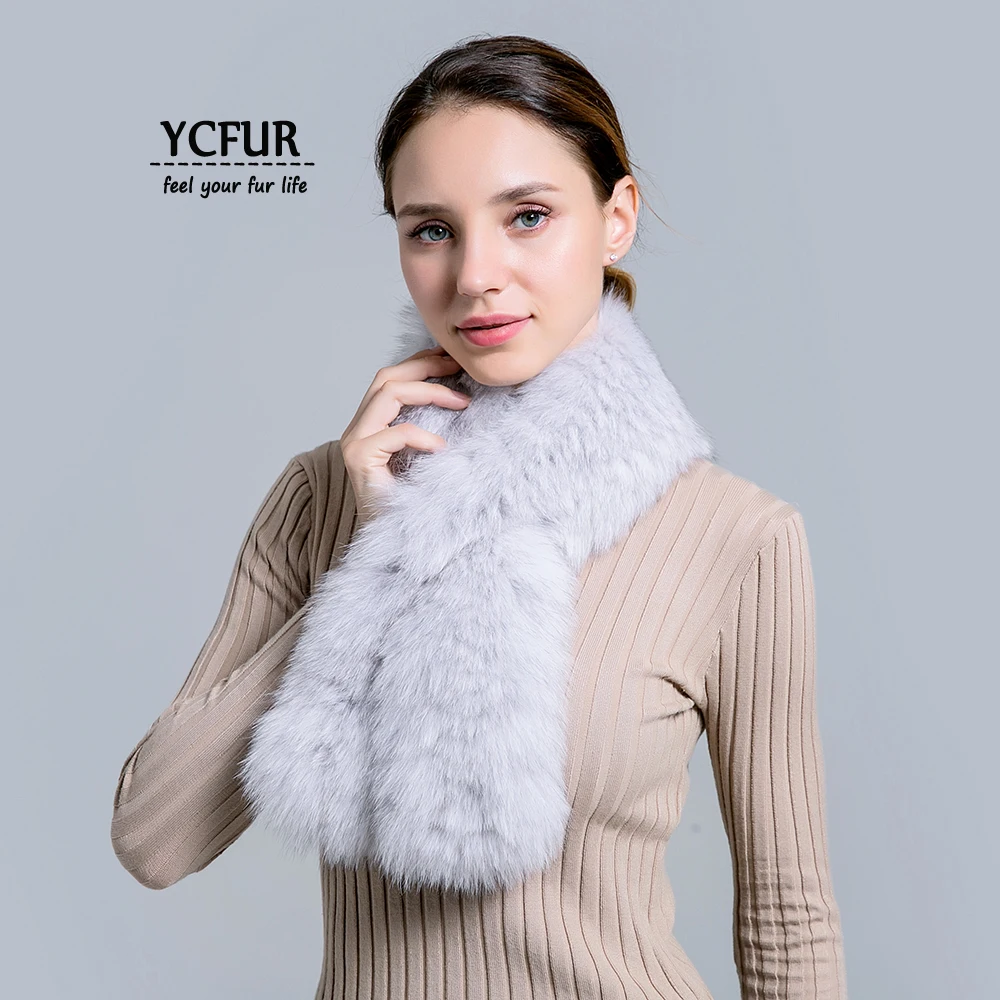 YCFUR Ladies Scarf Winter Handmade Knit Real Fox Fur Long Scarves Wraps