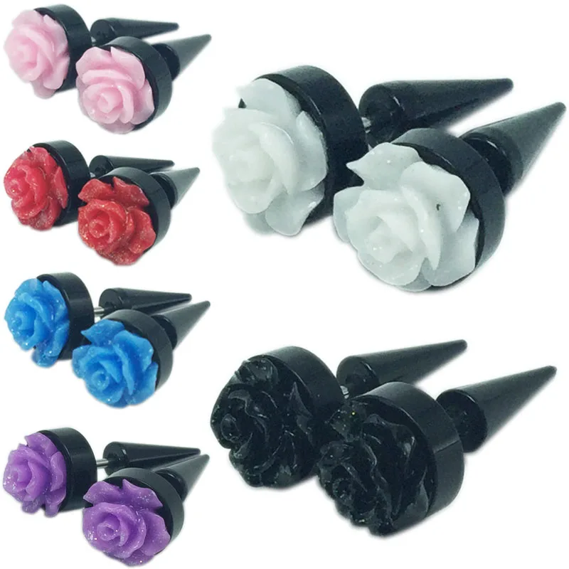 

1 pair men women fashion new fake ear tapers ear expanders rose 10mm black cheater ear strtetchers body jewelry ear plug pircing