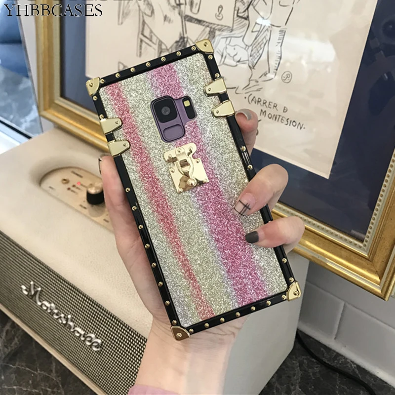 YHBBCASES модные сухие блестки Радужный чехол для samsung Galaxy S10 S8 S9 Plus золотая заклепка квадратная коробка для samsung Note 10 8 9