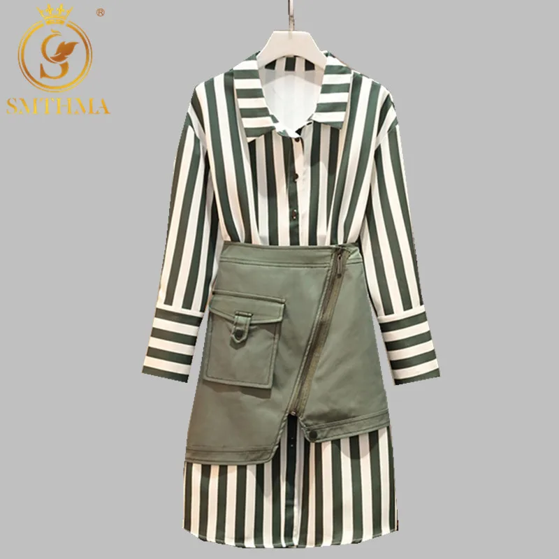 

New Autumn And Winter 2 Piece Set Women's Long Striped Tshirt Tops+Green Mini Skirt Sets Women Fashion Plus Size Skirts Suits