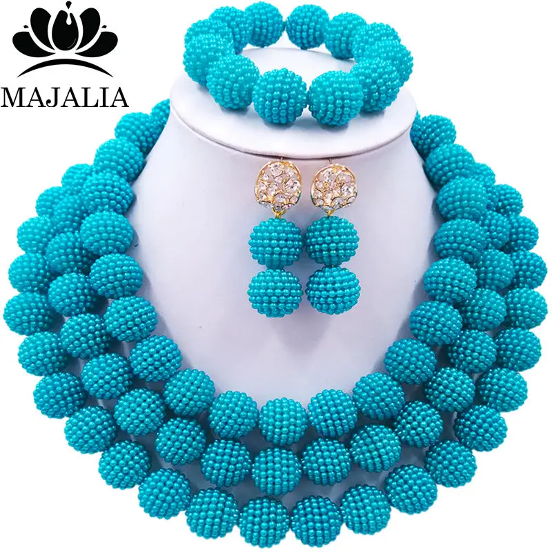 

Majalia Fashion Nigerian Wedding African Pearl Jewelry Set Blue Crystal Plastic Pearl Necklace Bride Jewelry Sets 3LM013