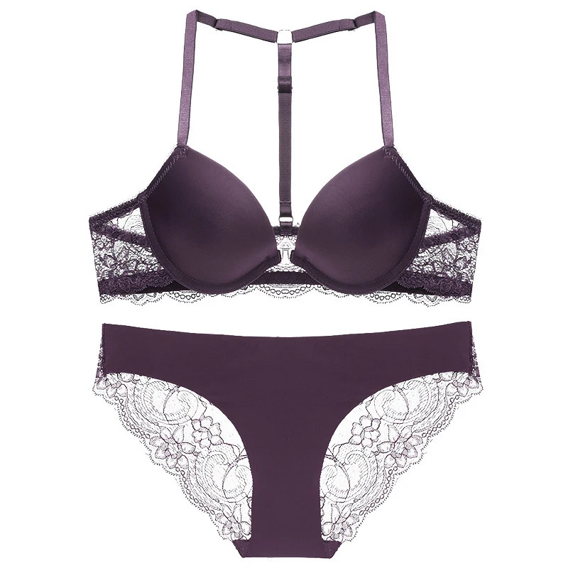 

Briefs + Bras Sets Sexy Y-line Straps Front Closure Gather Bra Underpant Set Lace Seamless Wire Free Soft Thin Underwear