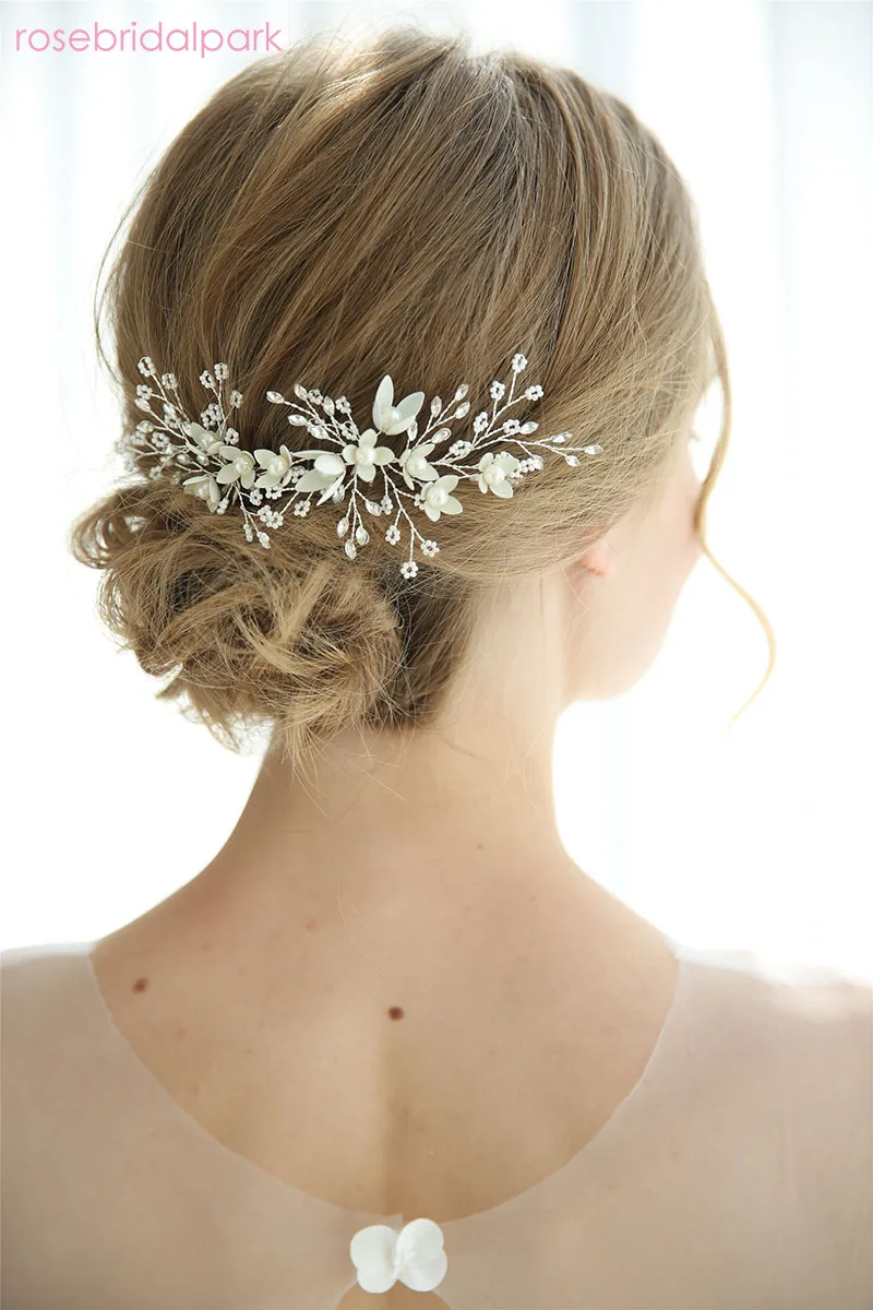 Rosebridalpark White Flowers Hairpin Stick Wedding Women Bridal Crystal